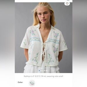 American Eagle embroidered tie front top